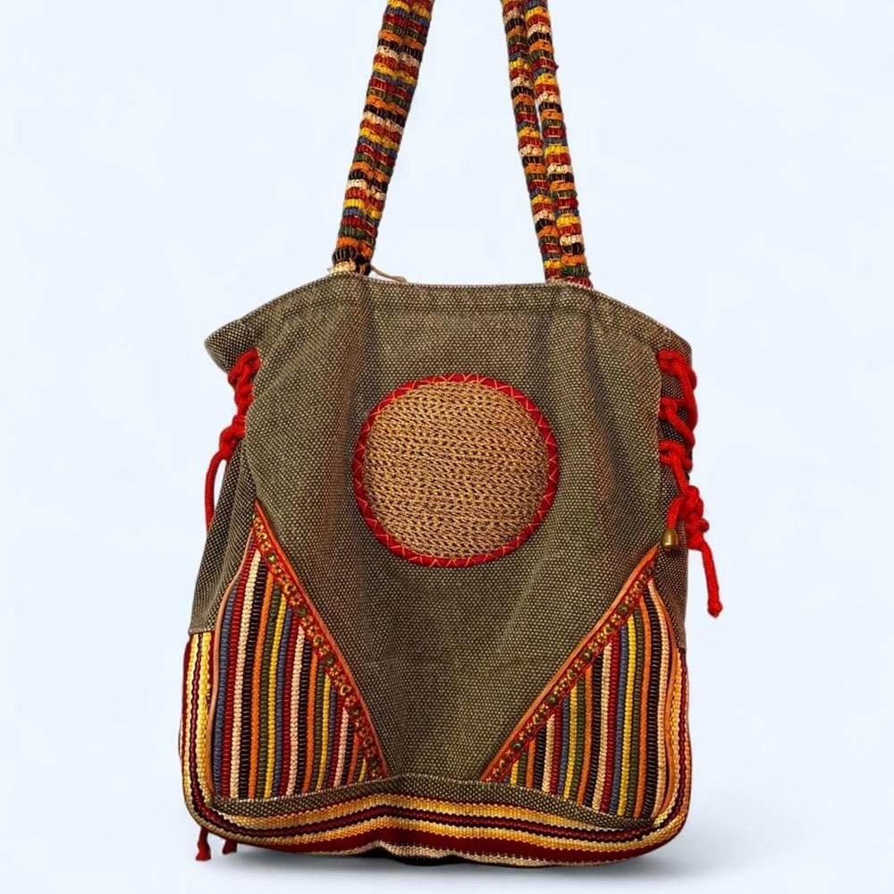 Vintage handcrafted woven boho bag with short colorful handles Hippie Coachella